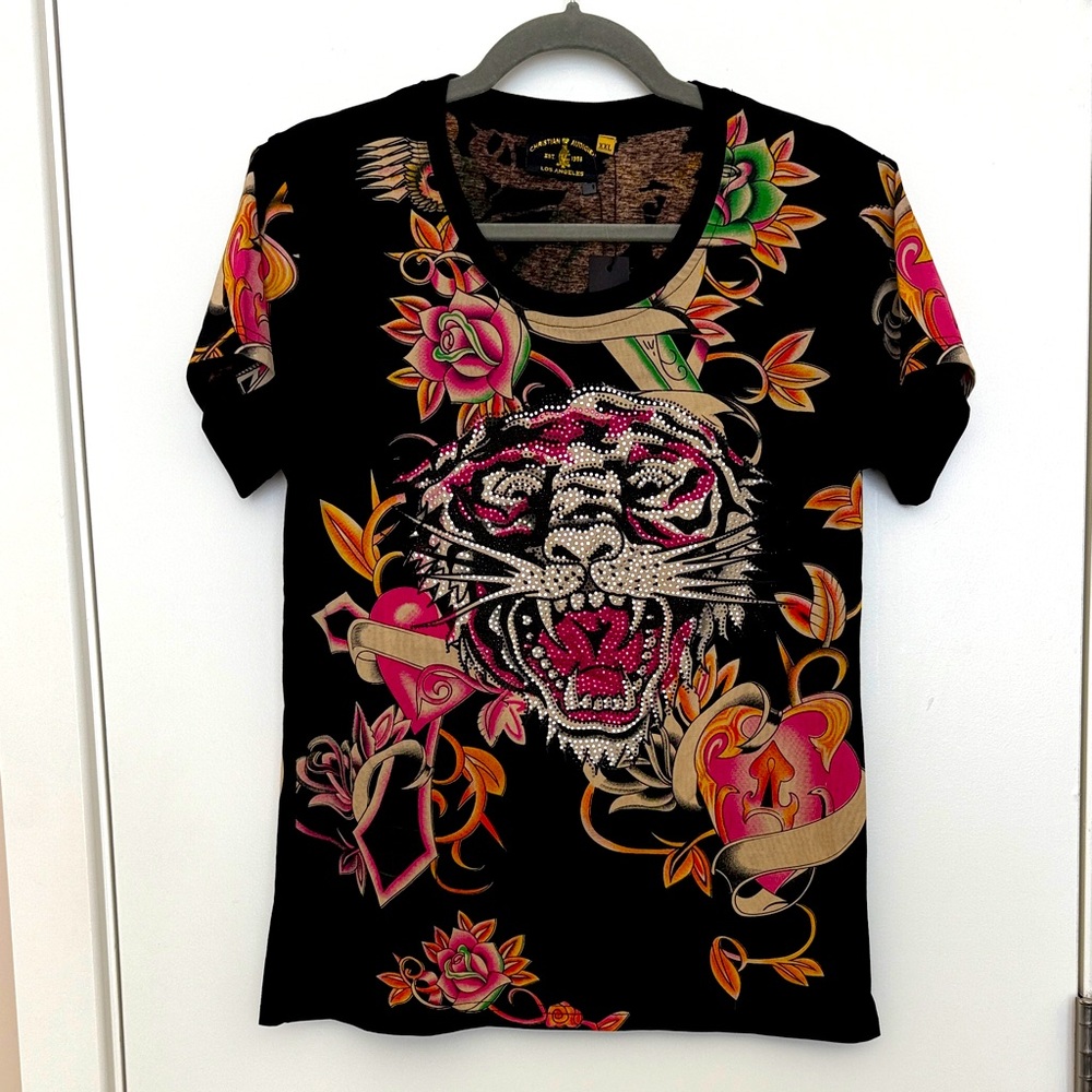 NWT Christian Audigier Tiger and Floral Tee-  XXL - sizes run very small